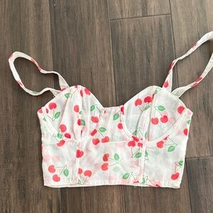 Cherry Print White Crop Bustier Top
